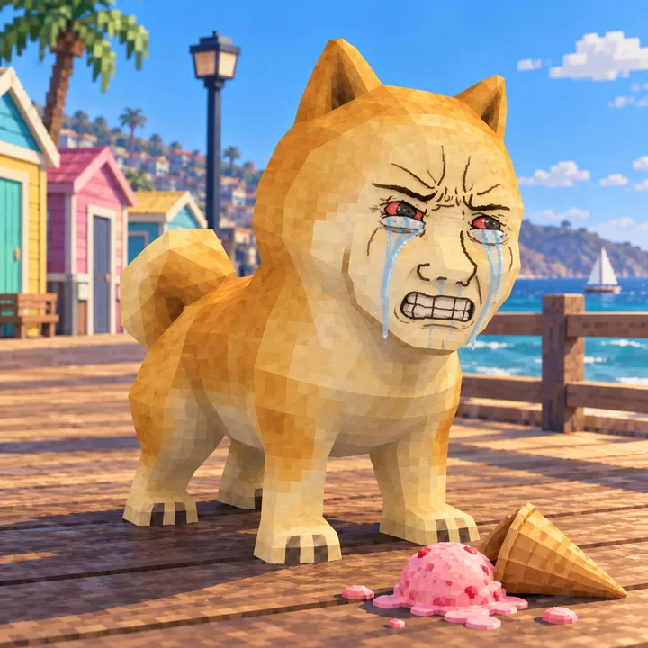 Dojak angry-crying on a seaside boardwalk beside a dropped strawberry ice cream cone.
