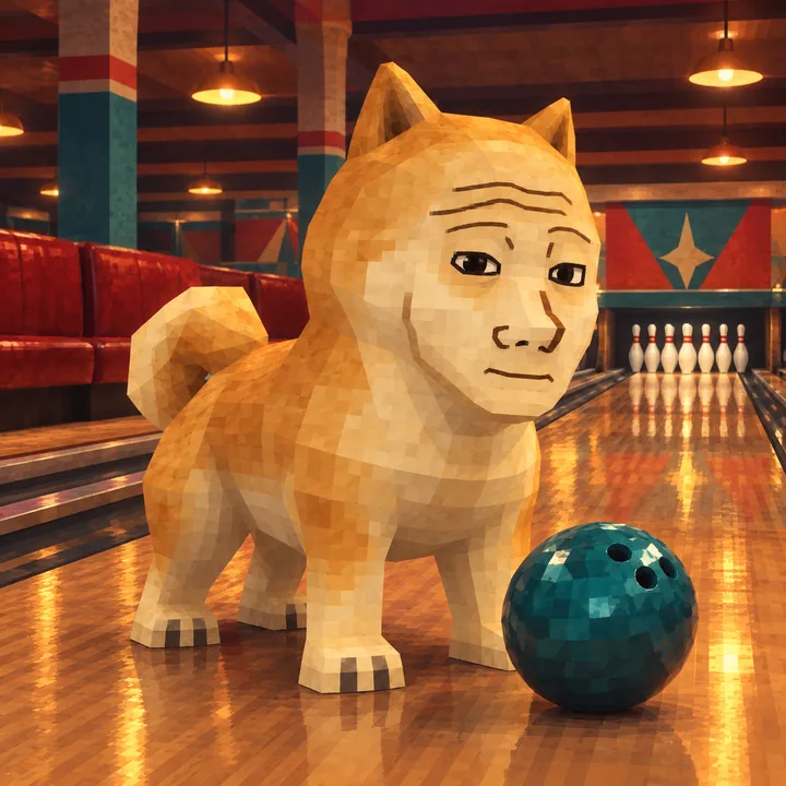 Dojak on a shiny bowling lane with a bowling ball, looking very sure of himself.